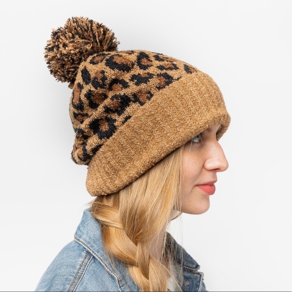 C.C Leopard Pom Beanie | Fuzzy Knit Winter Hat | Animal Print Beanie 🐆 - Picture 5 of 9